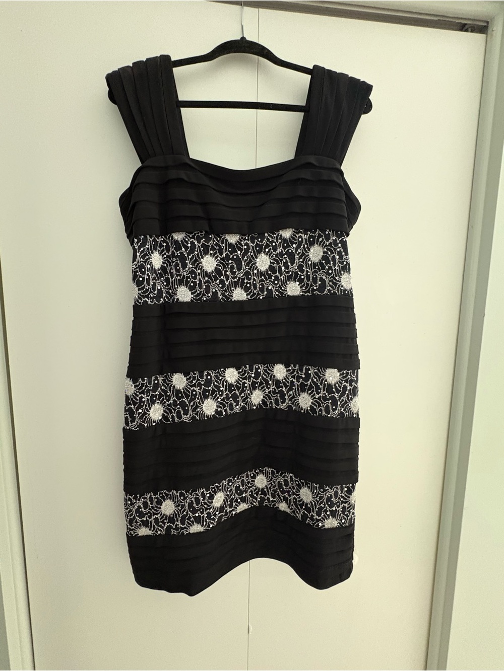 R&M Richards Black and White Striped Lace-Panel Mini Dress